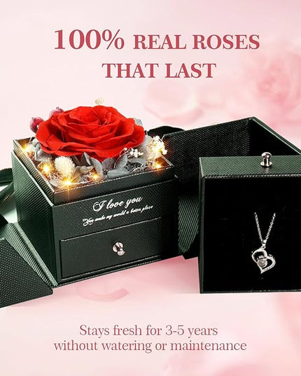 Preserved Real Roses with Heart Necklace I Love You in 100 Languages, Romantic Anniversary Christmas Valentines Day Gifts for Her Women Wife Girlfriend Mom, Forever Roses Necklace Gifts Red