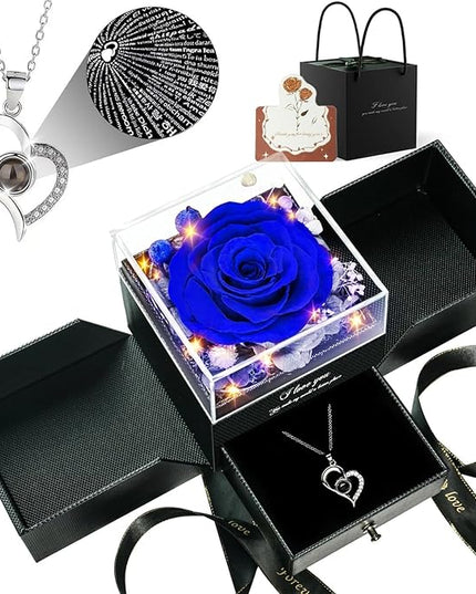 Birthday Gifts for Women, Preserved Real Roses with Heart Necklace I Love You in 100 Languages, Romantic Anniversary Wedding Gifts for Women Her Girlfriend Wife, Forever Roses Necklace Gift Box Blue