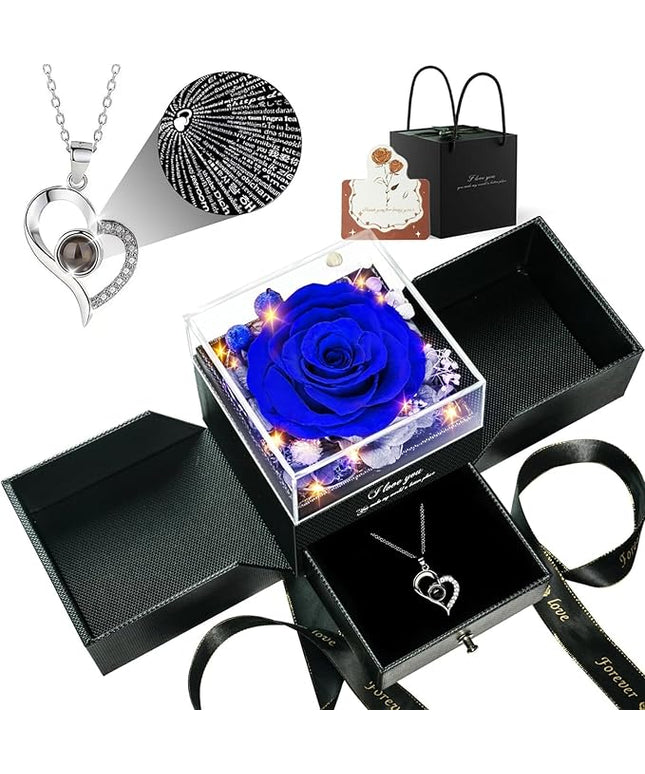 Birthday Gifts for Women, Preserved Real Roses with Heart Necklace I Love You in 100 Languages, Romantic Anniversary Wedding Gifts for Women Her Girlfriend Wife, Forever Roses Necklace Gift Box Blue
