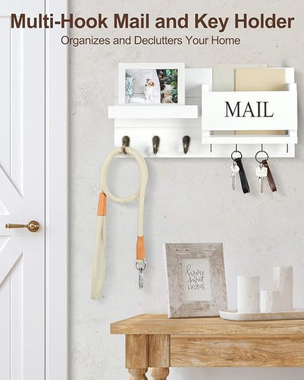 Lwenki Mail Organizer for Wall Mount – Key Holder with Shelf Includes Letter Holder and Hooks for Hallway Farmhouse Decor – Rustic Wood with Flush Mounting Hardware (16.5” x 9.1” x 3.4”) (White)