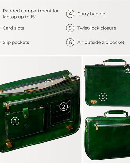 Time Resistance Leather Briefcase for Men - Italian Full Grain Leather Laptop Bag - Messenger Bag - Gift Box Included