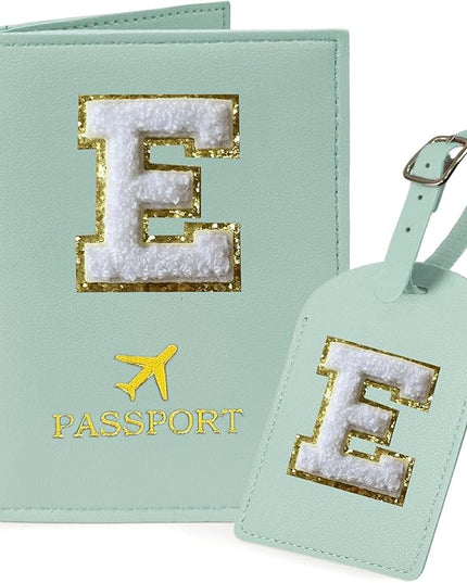 COSHAYSOO Green Passport Cover and Luggage Tag Set TSA Approved with Her Initial Chenille Letter Patch for Big Little Girls Sister Daughter, Hawaii Travel Bag Backpack Suitcase Identifier (E)