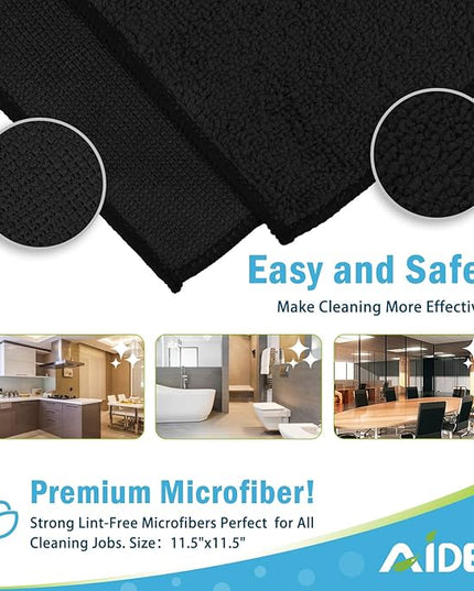 AIDEA Microfiber Cleaning Cloth Black 12PK, Microfiber Towels for Cars, Premium Car Cloths, Dusting Cloth Lint Free Cleaning Rags for SUVs, House, Kitchen, Window, Workshops,11.5×11.5"