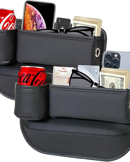 Car Seat Gap Filler Organizer with Cup Holders, Seat Gap Storage Box for Drinks, Phones, Keys, Sunglasses, Cards, and Small Essentials (Black, Driver's + Passenger Seat)