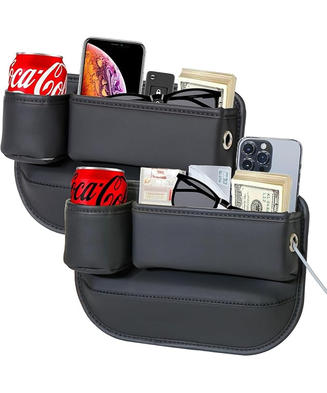 Car Seat Gap Filler Organizer with Cup Holders, Seat Gap Storage Box for Drinks, Phones, Keys, Sunglasses, Cards, and Small Essentials (Black, Driver's + Passenger Seat)