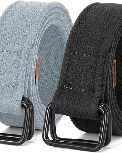JASGOOD Men Canvas Fabric Belts Casual Web Cloth Belts with Black Double Ring Buckle 2 Pack