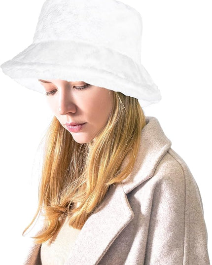 Women Plush Fluffy Bucket Hat Warm Lining Winter Faux Fur Cozy Wide Brim Winter