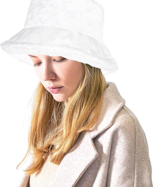 Women Plush Fluffy Bucket Hat Warm Lining Winter Faux Fur Cozy Wide Brim Winter