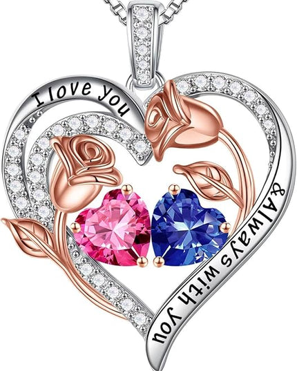 Iefil Christmas Gifts for Women Wife - 925 Sterling Silver Rose Heart Birthstone Necklace Birthday Anniversary Jewelry Gifts for Her Wife Mom Daughter