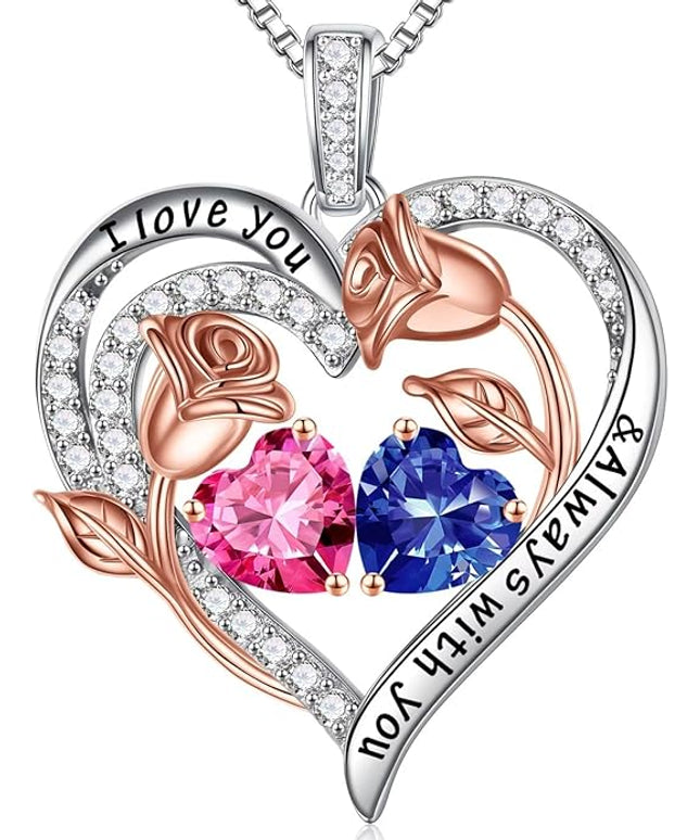 Iefil Christmas Gifts for Women Wife - 925 Sterling Silver Rose Heart Birthstone Necklace Birthday Anniversary Jewelry Gifts for Her Wife Mom Daughter