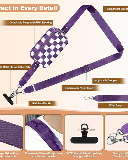 Clip and Go Strap for Phone with Wallet Crossbody, Adjustable Phone Lanyard with Detachable RFID Wristlet Wallet, Phone Strap with Phone Tabs for All Phones, Purple Checkered (L)