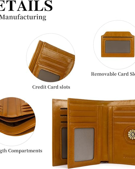 Blucoay Leather Wallet Women,RFID Blocking Womens Wallet Bifold Compact Card Holder Small Wallet for Women with Removable ID Window LightBrown