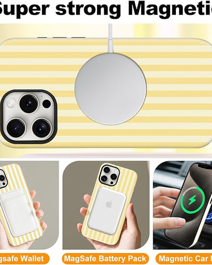 Magnetic for iPhone 16 Pro Case Cute Stripes Phone Case, Shockproof Slim TPU and Hard PC Protective Phone Cover Compatible with MagSafe Designed for Women Girls, Yellow
