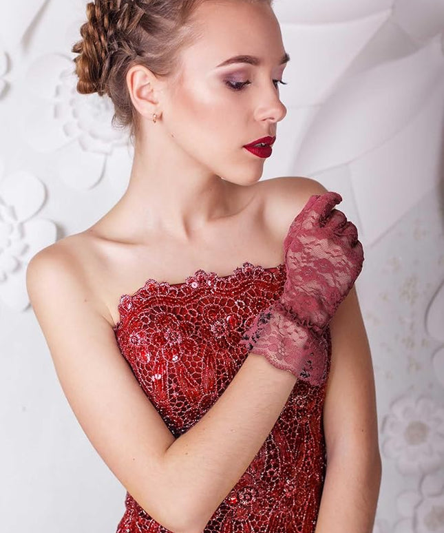 SATINIOR Ladies Lace Gloves for Women Tea Party Elegant Short Courtesy Gloves for Wedding Dinner Opera Parties