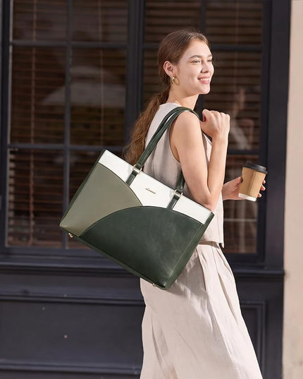 LOVEVOOK Laptop Bag for Women,17.3Inch Work Teacher Bags Leather Tote Bag Briefcase Waterproof Computer Bag for Women，White and Green