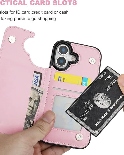 ONETOP Compatible with iPhone 17 Wallet Case with Card Holder, PU Leather Kickstand Card Slots Case, Double Magnetic Clasp and Durable Shockproof Cover 6.1 Inch (Pink)