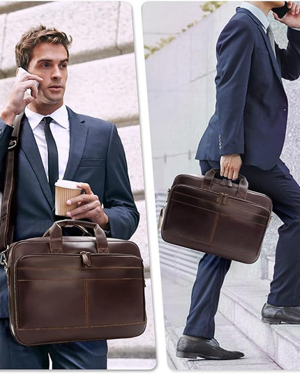 Jack&Chris Full Grain Leather Briefcase for Men, Business Messenger Bag Laptop Bag Attache Case, Fits 15.6 Inch Laptop