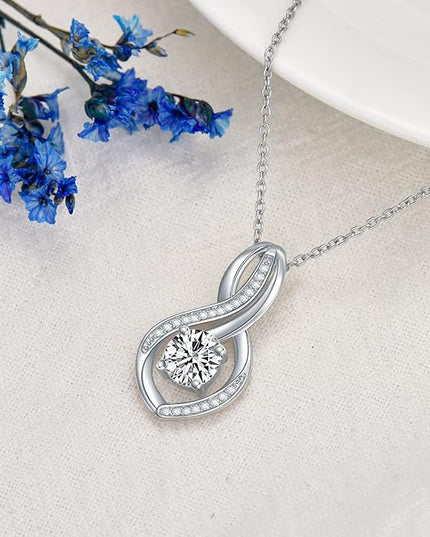 ZBA Natural Diamond Infinity Necklace for Women, 14K White Gold Plated Sterling Silver Diamond Eternal inifnity Pendant Necklaces Jewelry, Birthday Christmas Gifts for Mom Her Wife(Color F-G/Clarity I1-I2)