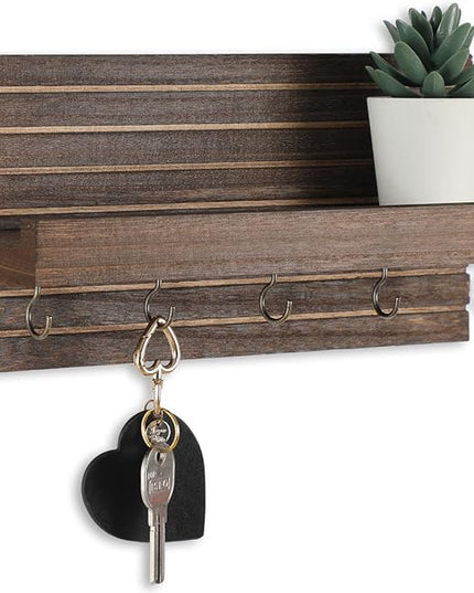 Lwenki Decorative Key Holder for Wall with Shelf, Entryway Shelf with Hooks Holds Leashes, Jackets and Glasses – Sturdy Wood Keyholder Entrance Hanger with Mounting Hardware (Brown, Medium)