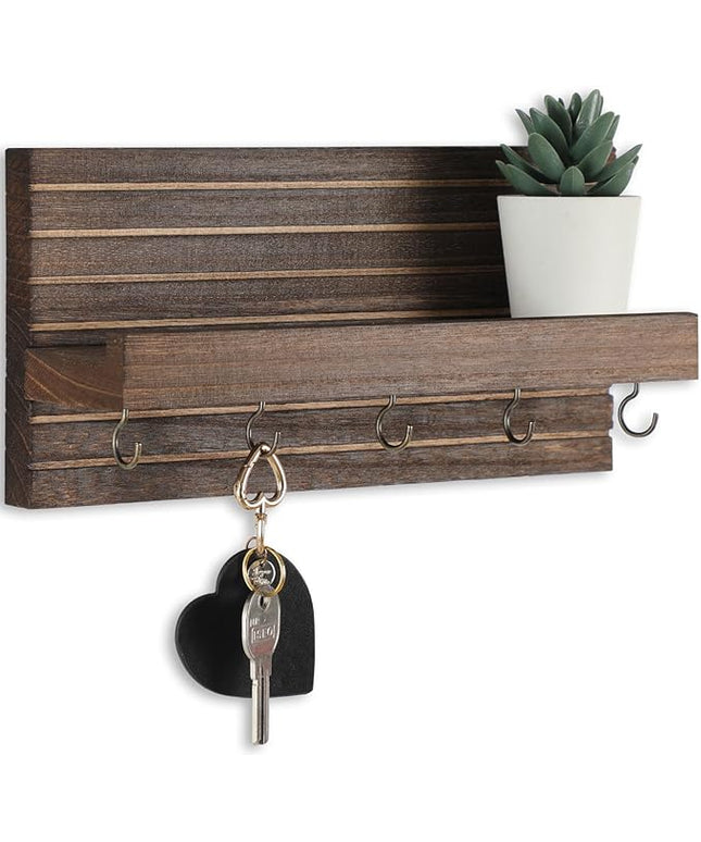 Lwenki Decorative Key Holder for Wall with Shelf, Entryway Shelf with Hooks Holds Leashes, Jackets and Glasses – Sturdy Wood Keyholder Entrance Hanger with Mounting Hardware (Brown, Medium)