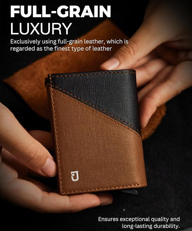 Jenoss Smart Wallet For Men: Full Grain Leather, Handcrafted, Slide Metal Pop Up Case, Slim RFID Blocking Credit Card Holder, Compact 12 Cards Slot Organizers, ID, Money Clip(Brown & Black)