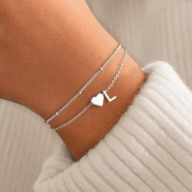 M MOOHAM Valentines Day Gifts for Kids Teen Girls -14K-Gold-Plated Heart Initial A-Z Bracelets for Women Girl Dainty Gold Bracelets Birthday Valentines Gifts for Women Her Teenage Girls Kid Teen Gift