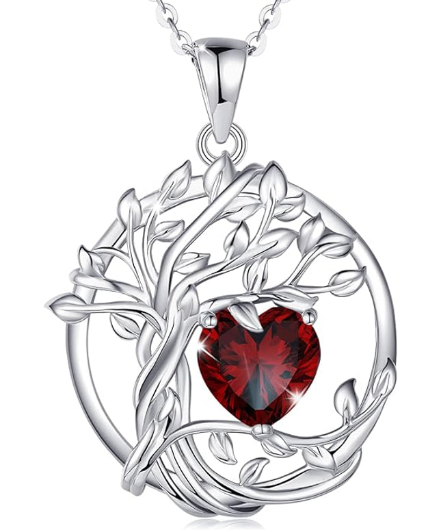 FANCIME Tree of life Birthstone necklace Sterling Silver Pendant Birthstone Necklace Gemstone Anniversary Birthday Jewelry Christmas Gifts for Mom Her Wife