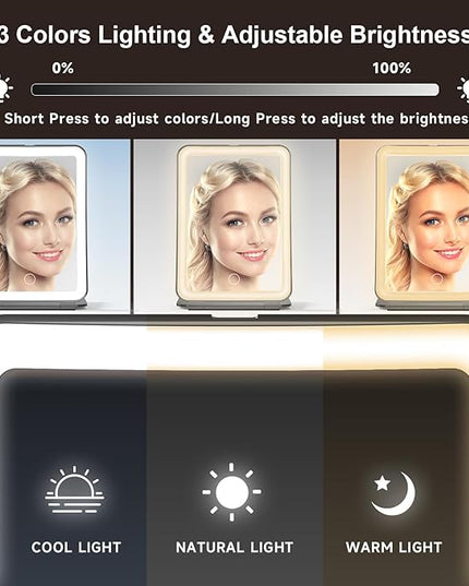 Mocado Travel Makeup Mirror with Light, 1x/10x Magnifying Mirror with Light, 3 Colors Lighted Magnifying Mirror, 2000mAh Rechargeable Lighted Makeup Mirror, Dimmable Touch, Memory Function (Black