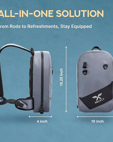 Xelfly Waterproof Fishing Sling Backpack Bag with Rod Holder, Gear Loops - Submersible Zipper, Rugged Top Handle, Adjustable Attachments (Gray)