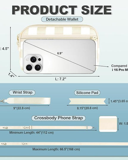Clip and Go Strap for Phone with Wallet Crossbody, Adjustable Phone Lanyard with Detachable RFID Wristlet Wallet, Phone Strap with Phone Tabs for All Phones, Cream Checkered (L)