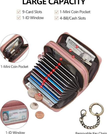 TFKGS Credit Card Holder for Women RFID Wallet Leather Womens Wallet with Zipper Blocking Keychain Card Accordion Wallets Gifts for Women Pink