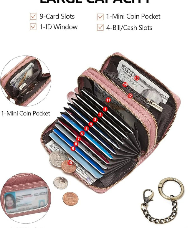 TFKGS Credit Card Holder for Women RFID Wallet Leather Womens Wallet with Zipper Blocking Keychain Card Accordion Wallets Gifts for Women Pink