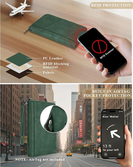 Family Passport Holder Wallet RFID Travel Document Organizer for Women Men, Portable Case Cover for Cards, Boarding Pass with Wrist & Neck Double Strap, Travel Christmas Gifts (Charcoal Green, 1pack)