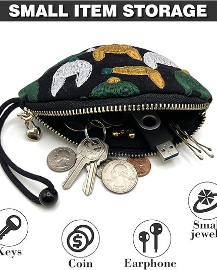 Embroidered Small Coin Purse for Women Girl,Vintage Cute Wallet Zipper Pouch,Handmade Aesthetic Oval Change Purse for Coins,Air-Tag,Small Jewelry Key with Pull-Out Key Ring