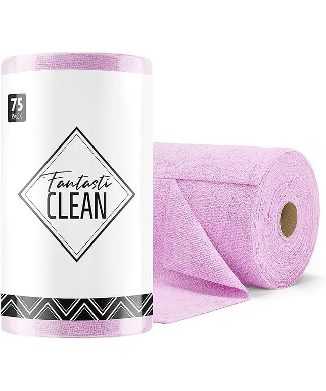 Fantasticlean Microfiber Cleaning Cloth Roll -75 Pack, Tear Away Microfiber Towels, 12" x 12", Reusable, Washable, Scratch Free, Ultra Absorbent Dishcloth for All-Around Cleaning Supplies (Purple)