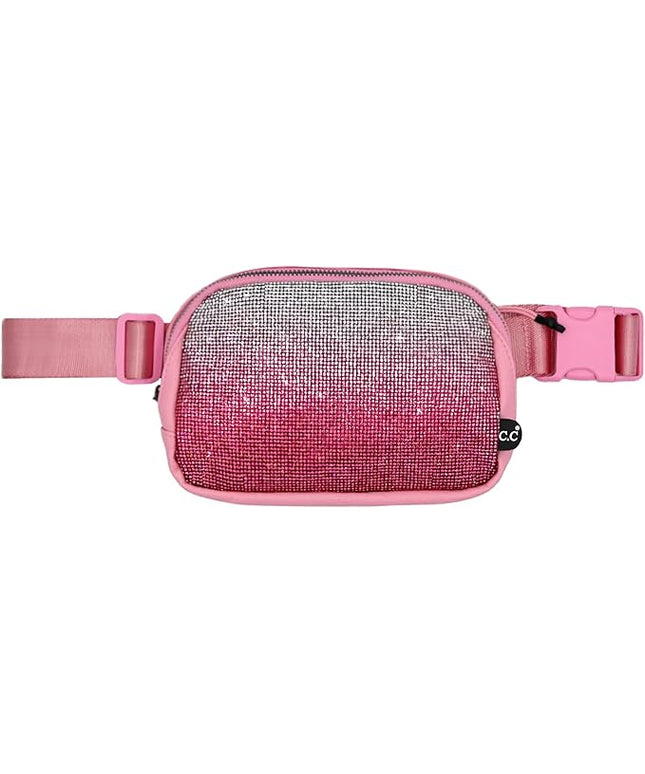 C.C Ombre Rhinestone Fanny Pack – Glitter Crossbody Waist Bag with Adjustable Strap, Multi Color (Ombre Rhinestone - Hot Pink)