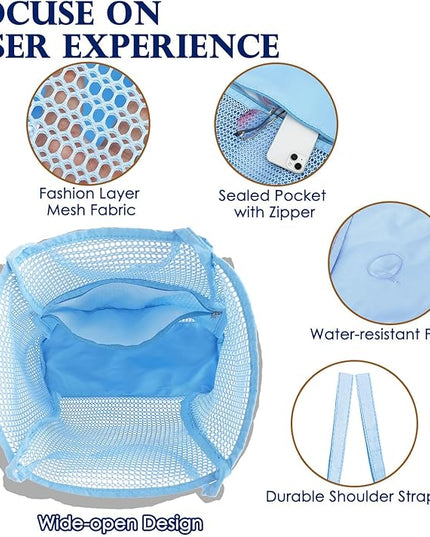 Mesh Beach Bag, Large Beach Tote with Zipper Pocket, Toys Pool Bag for Family Travel Vacation Cruise Essentials