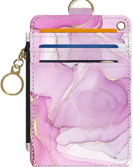 Slim Wallet Credit Card Holder, Pink Marble Pattern, RFID Wallet Women Cute Small Front Pocket Wallet With Zipper, PU Leather Thin travel RFID Blocking Card Case ID Window,Ladies Gifts