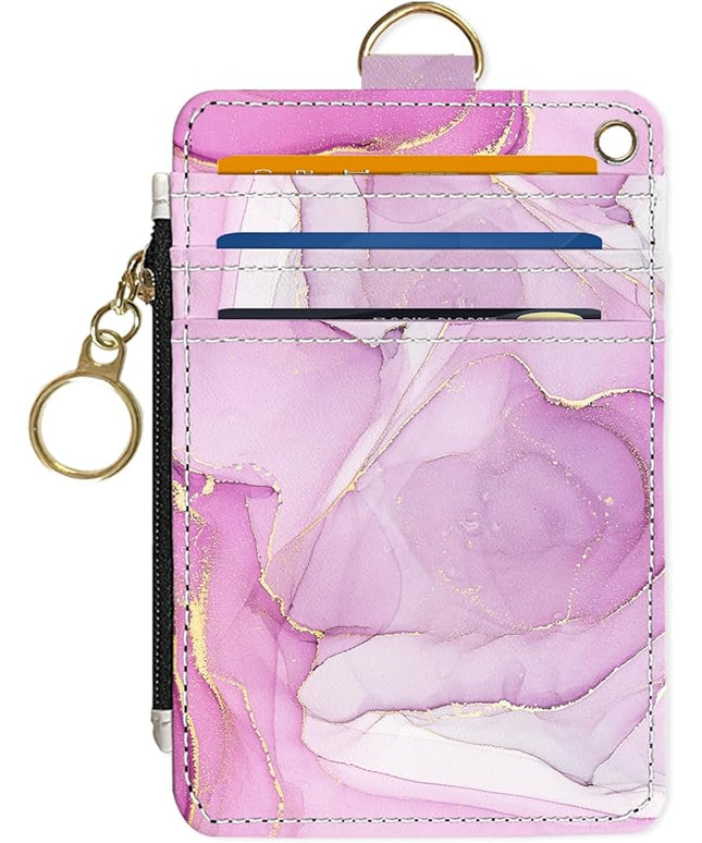 Slim Wallet Credit Card Holder, Pink Marble Pattern, RFID Wallet Women Cute Small Front Pocket Wallet With Zipper, PU Leather Thin travel RFID Blocking Card Case ID Window,Ladies Gifts