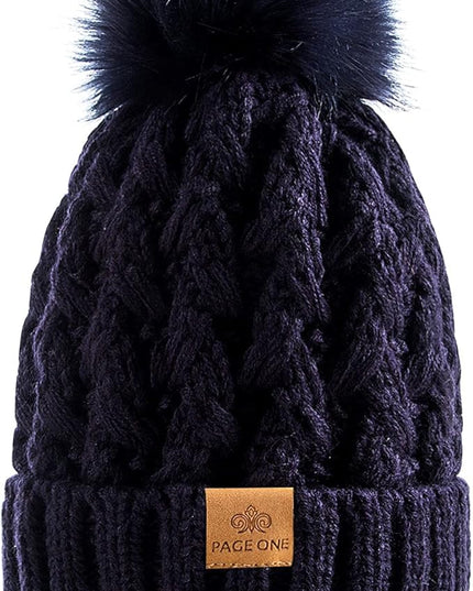 PAGE ONE Womens Winter Ribbed Beanie Crossed Cap Chunky Cable Knit Pompom Soft Warm Hat