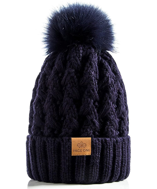 PAGE ONE Womens Winter Ribbed Beanie Crossed Cap Chunky Cable Knit Pompom Soft Warm Hat