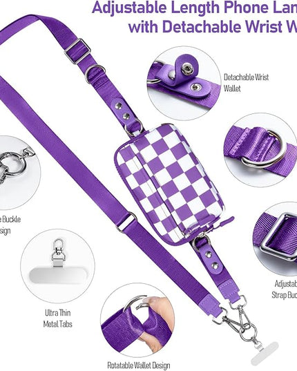Clip and Go Strap for Phone with Wallet Crossbody Phone Lanyard and Detachable Checkered Bag with ID Window and RFID Pouch for Daily Travel.