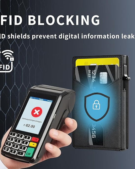 KISUEDZP Wallet for Men Slim RFID Blocking-Metal Smart Pop-Up Credit Card Holder with 2 ID Windows, Holds 8-10 Cards,Bifold Minimalist Front Pocket Wallet & Money Clip,Men's accessories (Black)