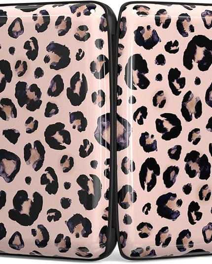Atufsuat Credit Card Holder, Mini Aluminum Card Wallet RFID Blocking Slim Metal Hard Card Case for Women Men, Pink Leopard