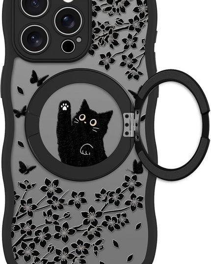 Wavy Case for iPhone 15 Pro Case with Stand [Compatible with MagSafe] Cute Black Cat & Floral & Butterflies Pattern Design, Kawaii 360 Magnetic Ring Kickstand Phone Cover for Women Girls