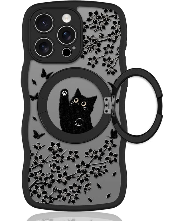 Wavy Case for iPhone 15 Pro Case with Stand [Compatible with MagSafe] Cute Black Cat & Floral & Butterflies Pattern Design, Kawaii 360 Magnetic Ring Kickstand Phone Cover for Women Girls