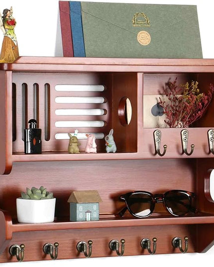 Mutsault Key Holder for Wall, Mail and Key Holder for Home Decor, Key and Mail Holder for Wall with Key Hooks, Auburn