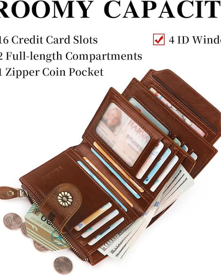 Blucoay Wallet Women,RFID Blocking Womens Wallet,Real Leather Bifold Compact Small Wallet for Women Card Holder with Zip Coin Pocket(Darkcoffee)