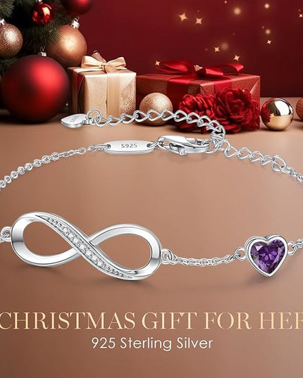 CDE Valentine's Day Gift Infinity Heart Birthstone Charm Link Bracelet for Women 925 Sterling Silver Adjustable Mother's Day Christmas Day Gift Anniversary Birthday Jewelry for Wife Girlfriend Her