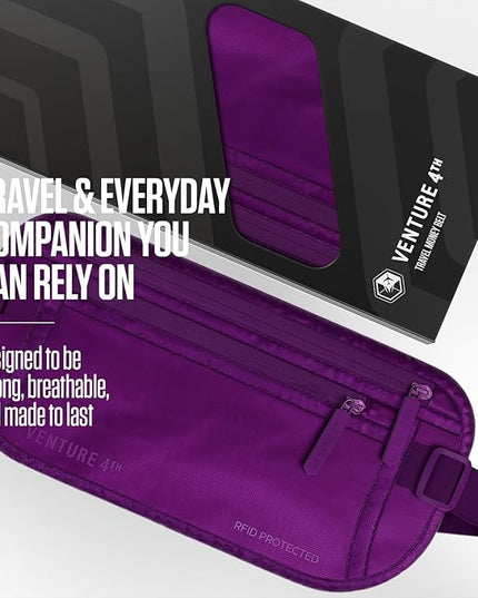 VENTURE 4TH Money Belt for Travel – Hidden Under-Clothes RFID Blocking Passport Holder & Slim Travel Wallet Pouch for Men & Women to Protect Cash, Cards & Documents (Sleek Purple)